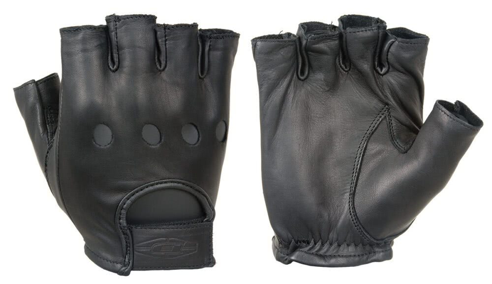 Damascus half-finger leather driving gloves laid flat, showing ventilation holes on the back and smooth palm
