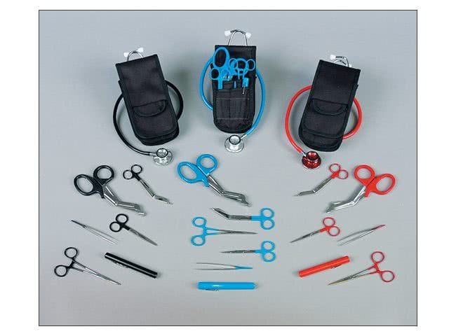 EMI Colormed Deluxe Shears, Scissors, Penlight, Forcep, Stethoscope, Holster Set - Red