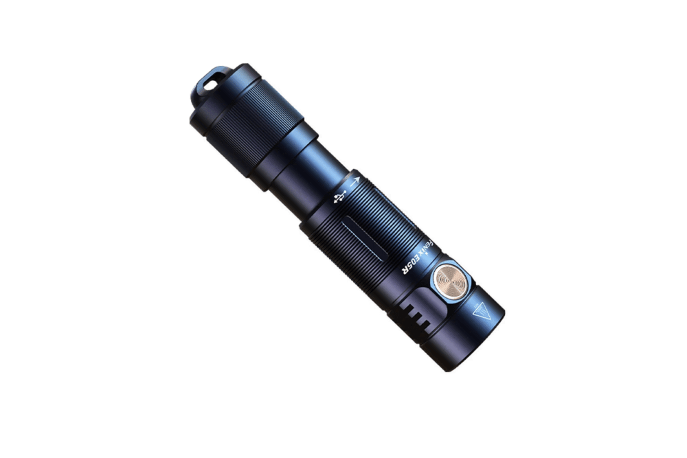 Black Fenix E05R keychain flashlight E05RG2BK with key ring, side view