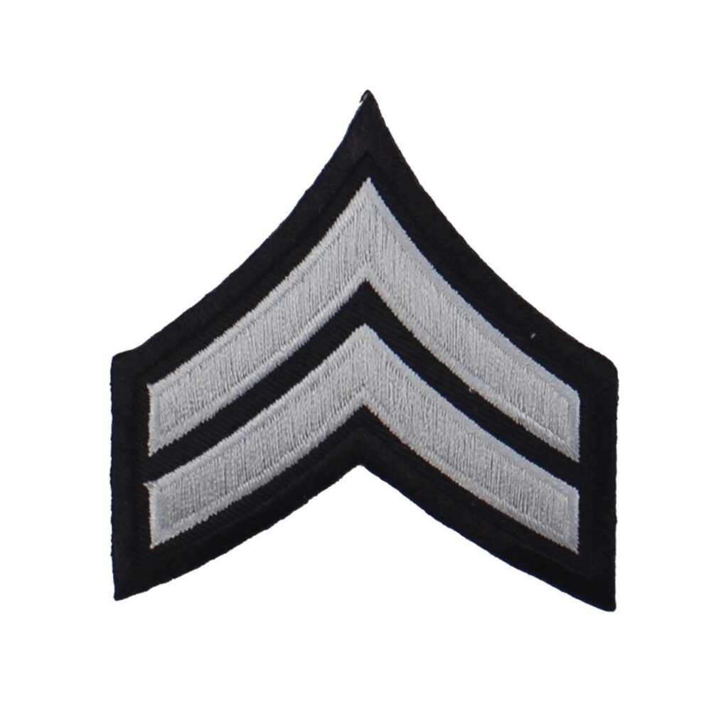 First Class EC08 Corporal rank chevron with two silver stripes and black merrowed border, detail
