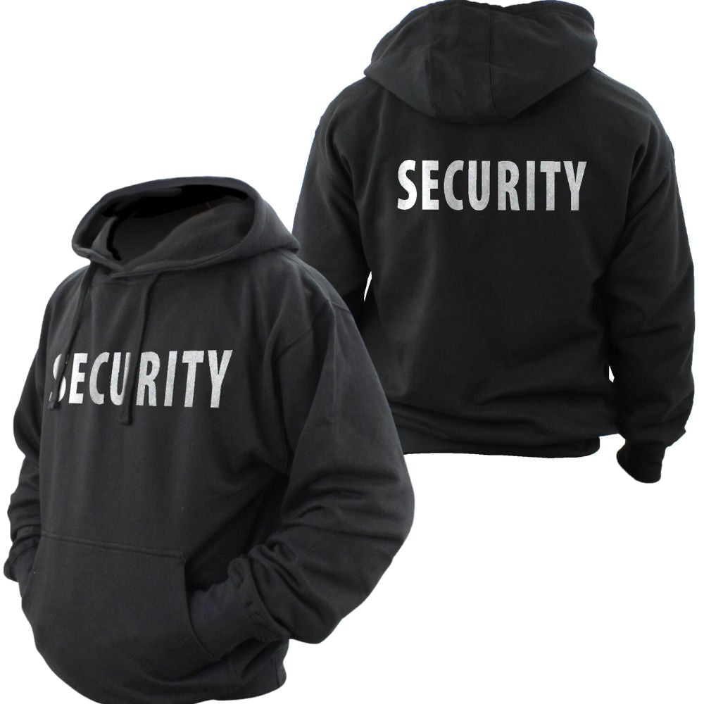 Fleece-lined black SECURITY hoodie front and back with matching white ID lettering