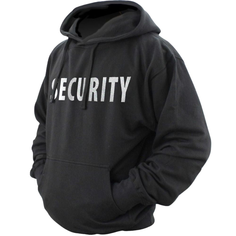 Black SECURITY pullover hoodie side angle with drawstring hood and front pouch pocket