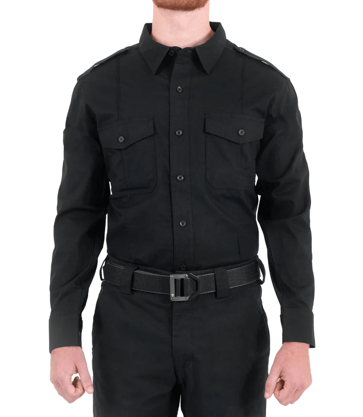 Black First Tactical Pro Duty Class A shirt worn with matching black duty pants and a black buckle belt
