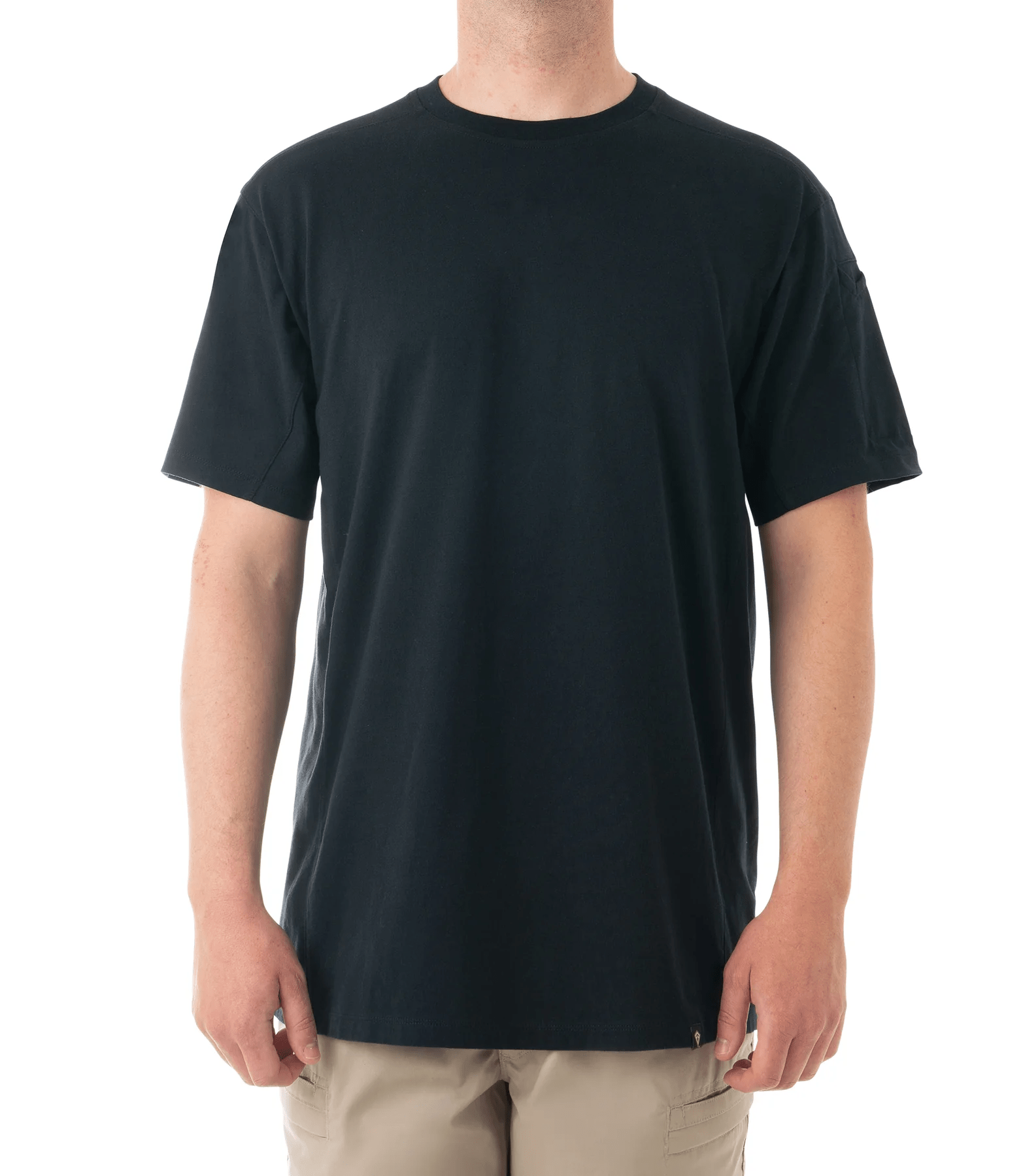 A black short-sleeve First Tactical Men's Tactix T-Shirt with a pen pocket, displayed on a male model.