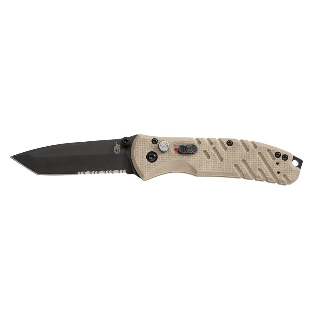 Gerber Gear Propel Downrange Assisted Open Knife Tanto 30-000841 with a black blade and tan handle, designed for tactical use.