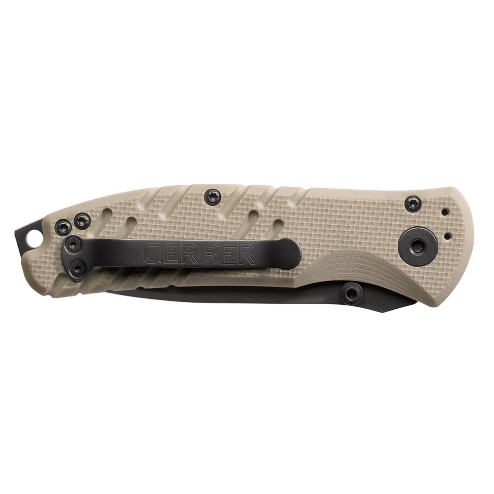 Gerber Gear Propel Downrange Tanto knife, featuring a durable, textured handle and black clip for tactical use.