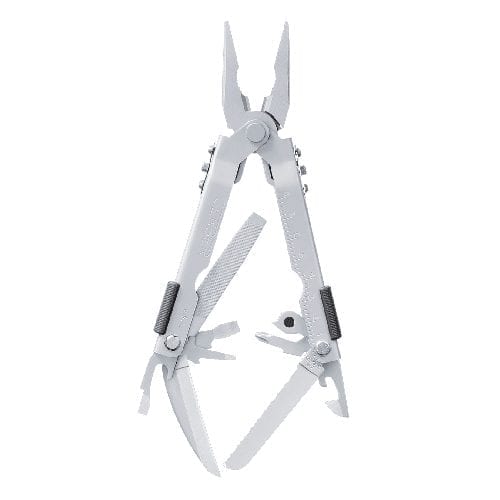 Stainless Gerber Multi-Plier 600 Needlenose pliers fully open with file and blades extended