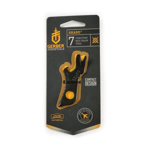 Gerber Shard 7-in-1 Keychain Multitool in black titanium nitride finish, model 31-002965N, stainless steel with pry bar, screwdrivers, wire stripper, and bottle opener