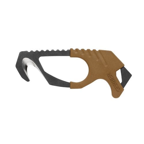 Side view of the Gerber Strap Cutter 30-000132 with Coyote Brown rubber grip and lanyard hole