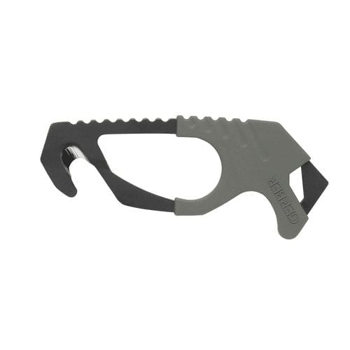 Side profile of the Gerber Strap Cutter showing the shielded hook, glass breaker tip, finger hole, and sheath clip