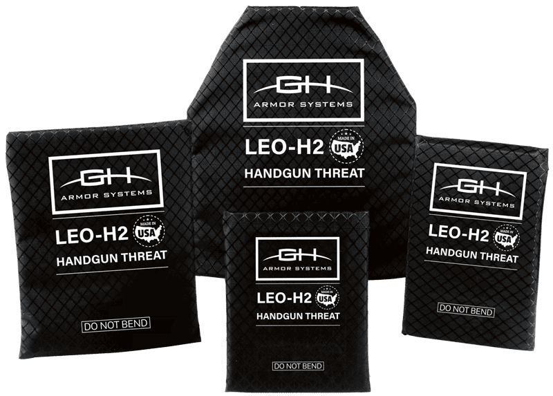 GH Armor Systems LEO H2 Special Threat Plate family view showing polyethylene construction with diamond rip-stop nylon cover, model GH-LEO-H2, multiple size configurations