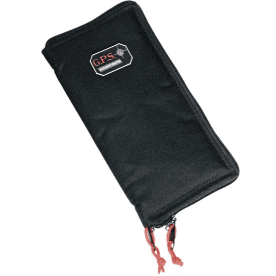 G Outdoors GPS-1265PS pistol sleeve large in black nylon, showing carry handle and locking zipper detail