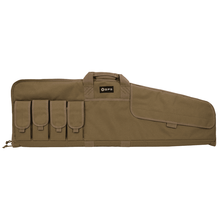 GPS Outdoors SRC42 42-inch rifle case in tan FDE, showing zipper pulls and top carry handle detail