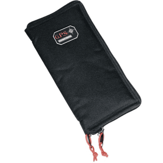 G Outdoors GPS-1265PS pistol sleeve large in black nylon, showing carry handle and locking zipper detail