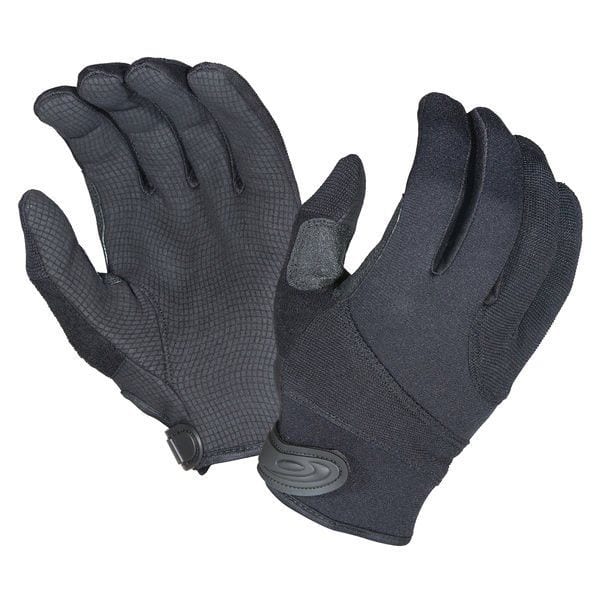Pair of black Hatch Street Guard Kevlar duty gloves showing grip palm and stretch back