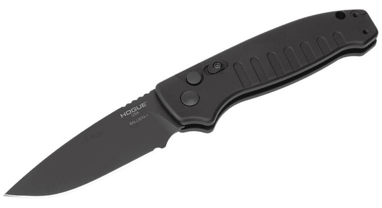 Hogue Ballista I 64130 automatic folding knife closed, matte black fluted aluminum handle with deep-carry pocket clip