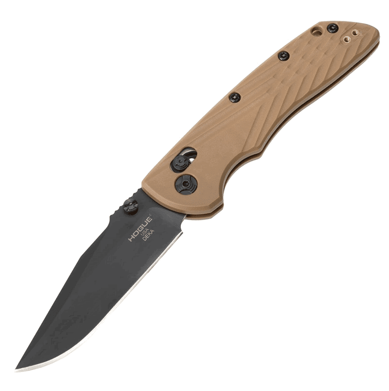 Hogue Deka 24377 manual folder, FDE polymer handle and deep carry pocket clip visible