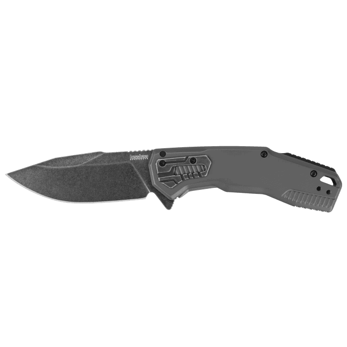 Kershaw Cannonball 2061 EDC folding knife open, D2 BlackWash drop point blade and gray PVD stainless handle full profile