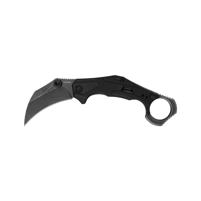 Kershaw Outlier 2064 assisted karambit folding knife full open profile, 2.6 inch BlackWash hawkbill blade and steel finger ring