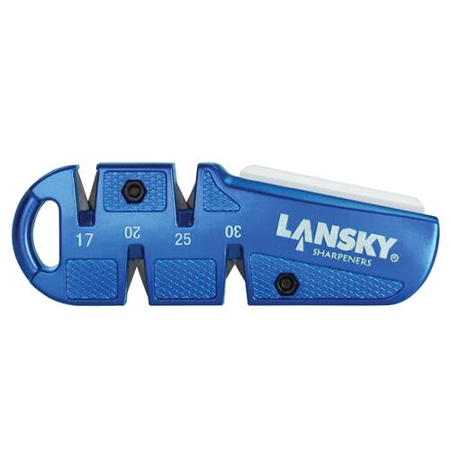 Lansky Sharpeners QuadSharp carbide pocket sharpener in cobalt blue anodized finish, model QSHARP, showing four angle slots and ceramic benchstone rod