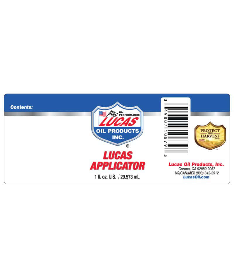 Lucas Oil applicator bottle 10879 label laid flat, showing contents field, logo, and barcode