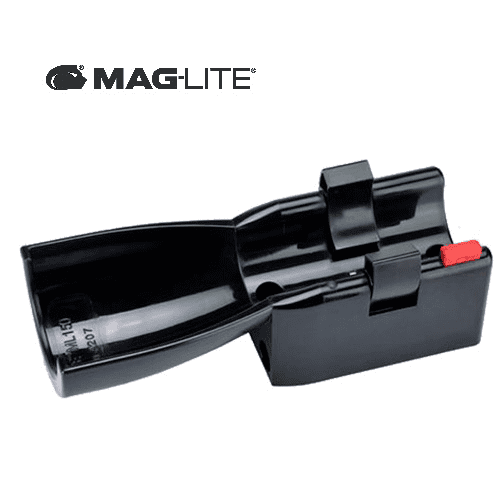 Side view of Maglite ML150 series charging cradle showing retention clips and red release button