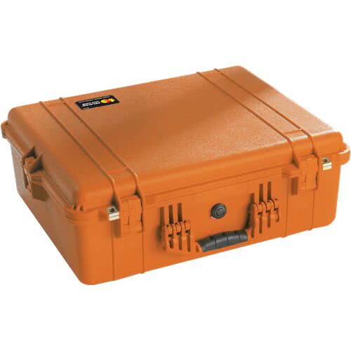 Pelican 1600 Protector Case in Orange with padded dividers shown in product display image