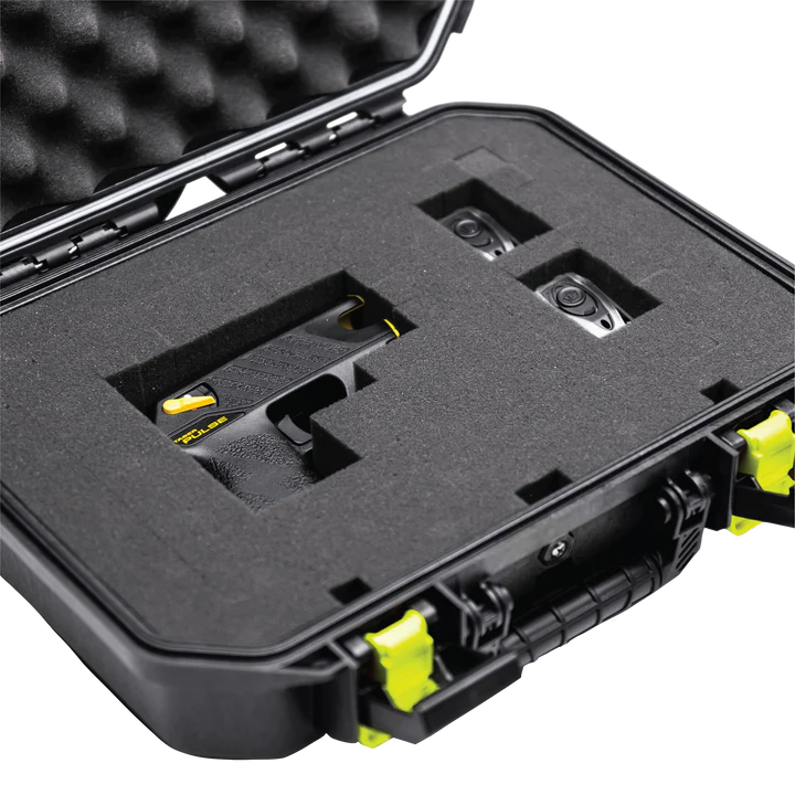 Plano 20600 TASER case in black, close-up of front latch mechanism and padlock-ready hasp