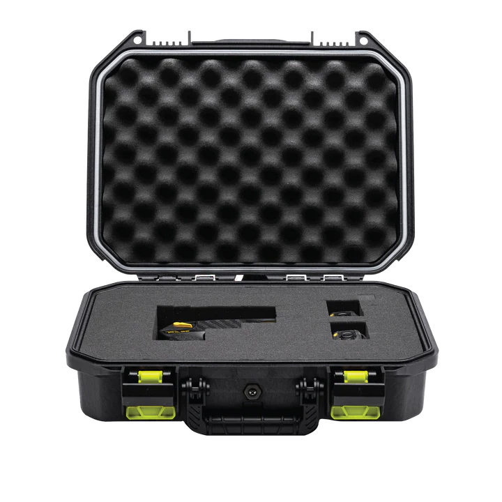 Plano 20600 TASER protective hard case in black, front three-quarter view with carry handle and latches