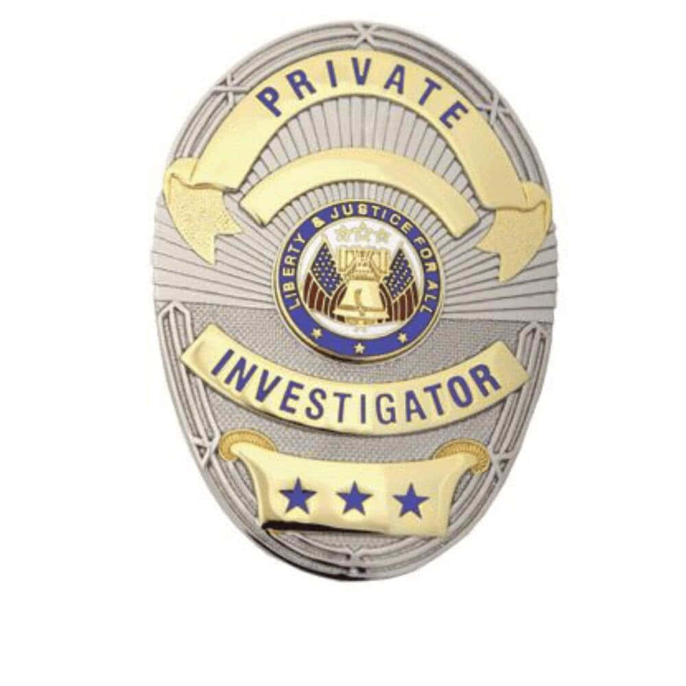Close-up of the enameled Liberty Bell and American flag center seal on the Private Investigator badge