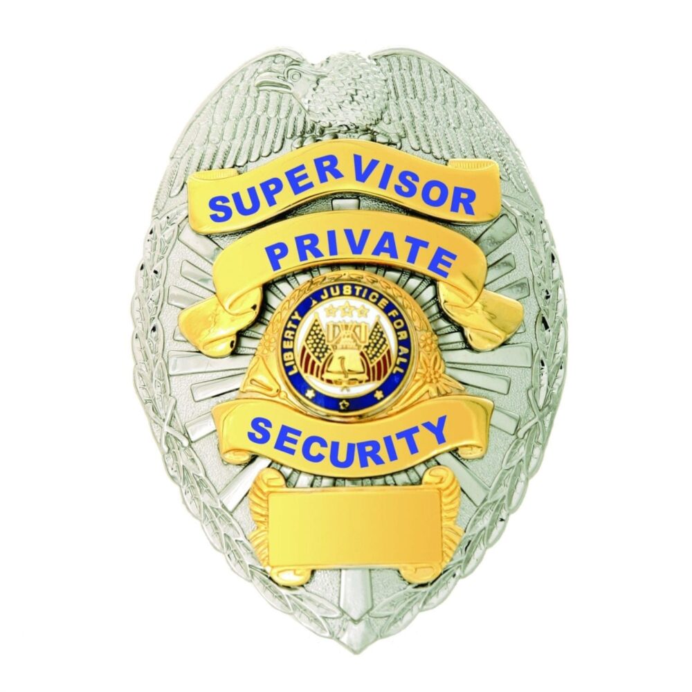 Close detail of the BA36 Liberty Bell seal and Supervisor Private Security banners