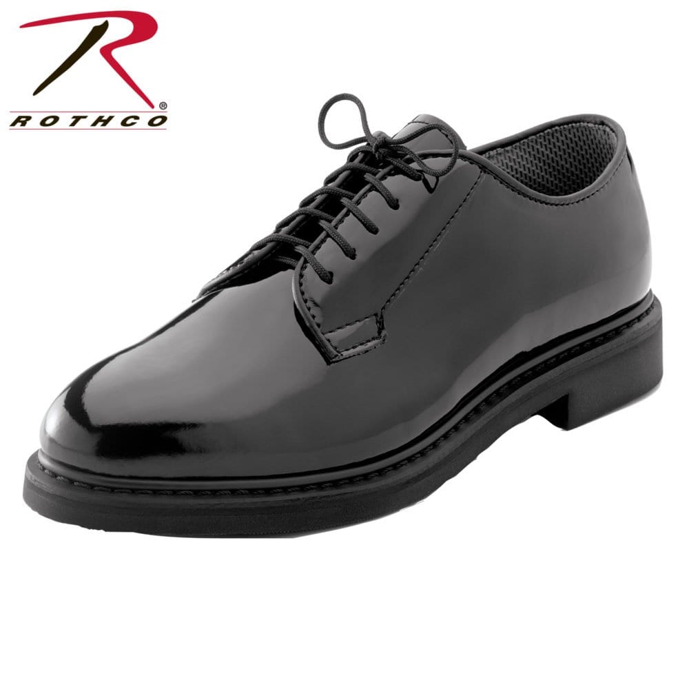 Rothco 5055 black hi-gloss Oxford dress shoe, angled view showing laces and stitched sole