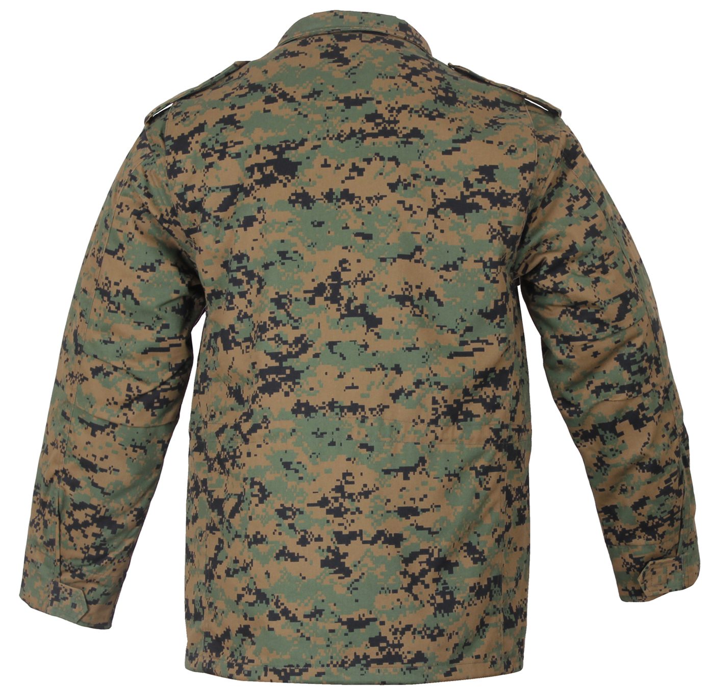 Rothco M-65 woodland digital camo field jacket, angled view showing snap storm flap and cargo pockets