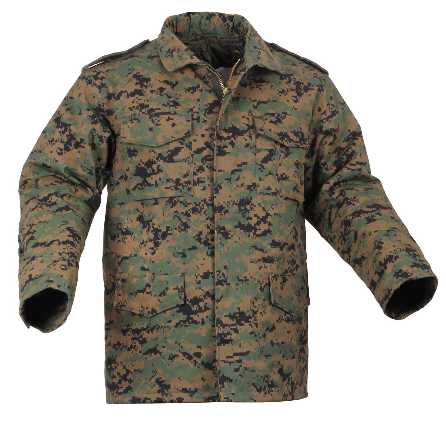 Rothco M-65 woodland digital camo field jacket, front view showing brass zipper and chest pockets