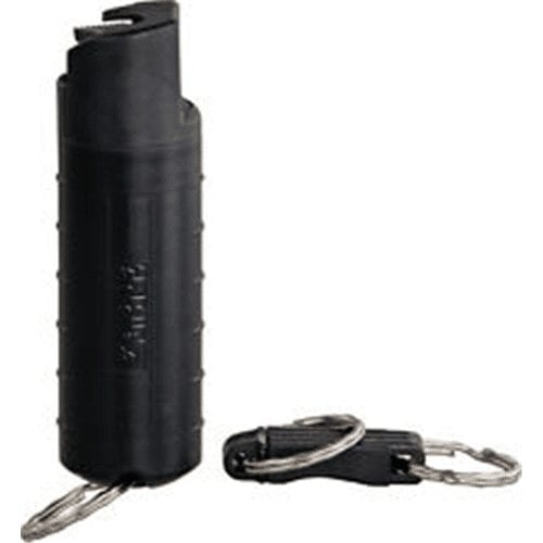 Black SABRE pepper spray canister shown separately from its quick release key ring and split rings