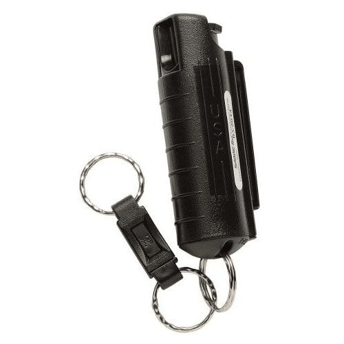 Black SABRE keychain pepper spray with twist lock top, split ring, and quick release connector