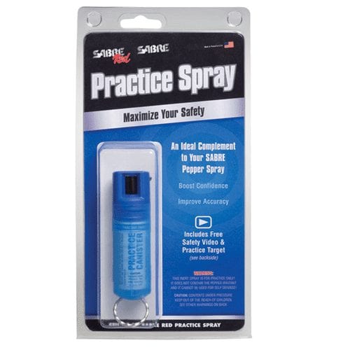 SABRE Practice Spray retail package with blue inert canister, key ring, and free practice target offer