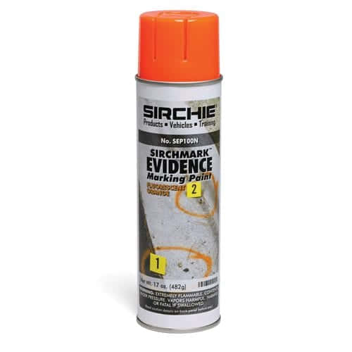 Sirchie SEP100N SIRCHMARK Evidence Marking Paint label detail showing Fluorescent Orange color designation and inverted aerosol design for ground-level field use
