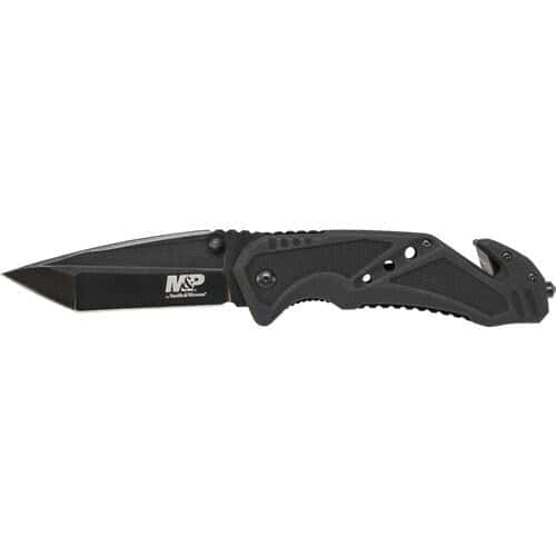 Smith & Wesson M&P SWMP11BCP liner lock rescue knife with black tanto blade, aluminum handle, and strap cutter