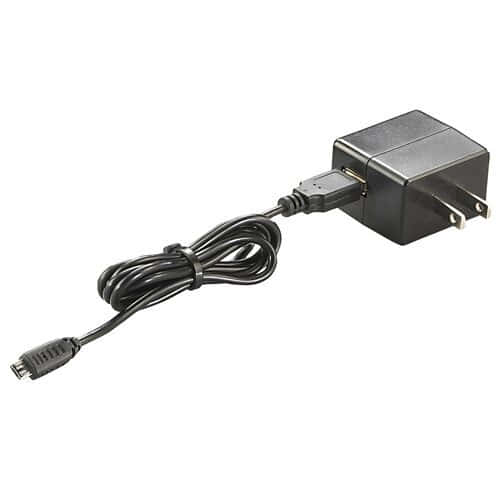 A black Streamlight 120V AC USB Cord 22071 charging cord with a micro USB connector on one end and a standard AC power plug on the other.