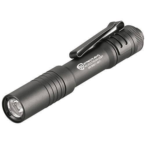 Black Streamlight MicroStream USB pocket flashlight at an angled view, MPN 66601 or 66604