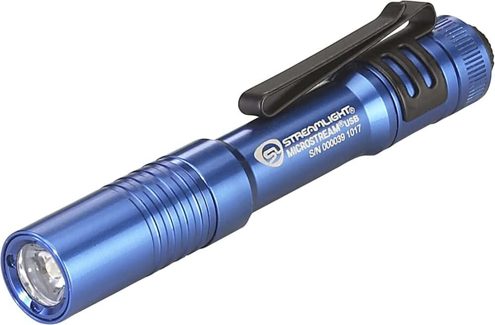Blue Streamlight MicroStream USB pocket flashlight on a white background, MPN 66603 or 66606
