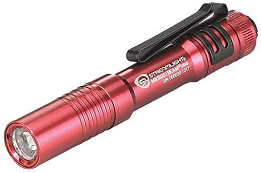 Red Streamlight MicroStream USB pocket flashlight on a white background, MPN 66602 or 66605