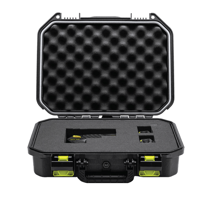 Plano 20600 TASER protective hard case in black, front three-quarter view with carry handle and latches