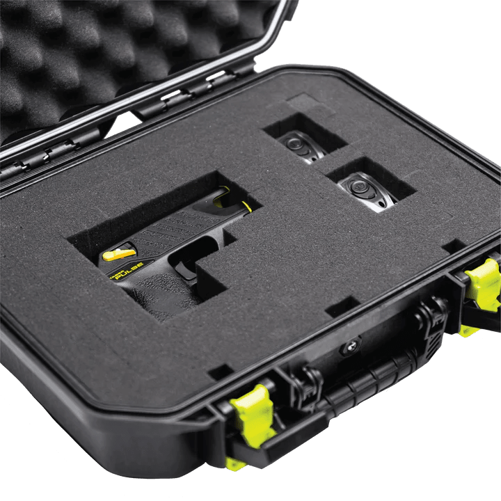 Plano 20600 TASER case in black, close-up of front latch mechanism and padlock-ready hasp