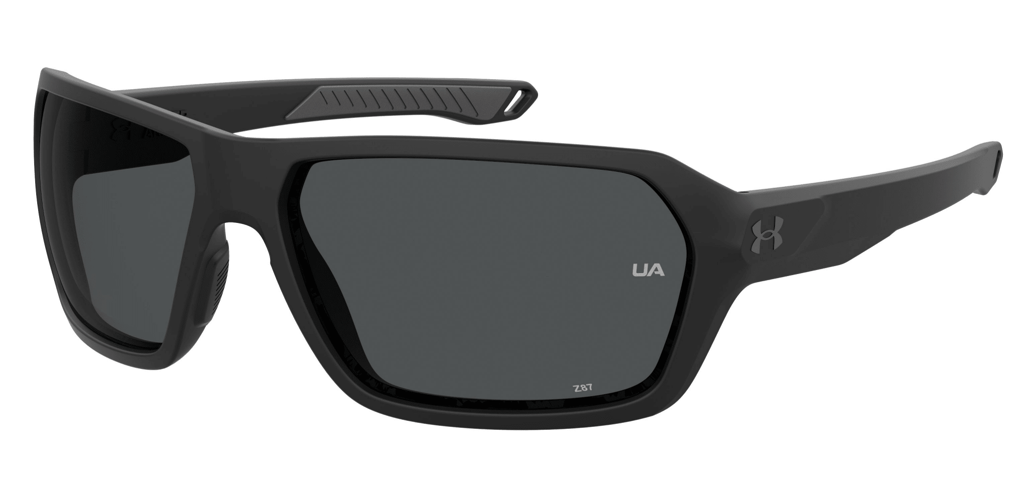 Under Armour UA Recon ANSI Z87.1 matte black sport sunglasses, angled side profile view