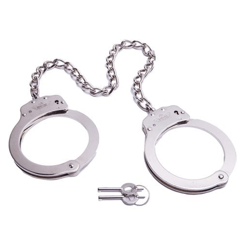 UZI Premium Nickel Finish Leg Irons UZI-HC-LEG displayed at angle on gray surface showing 16-inch twist chain and dual included keys